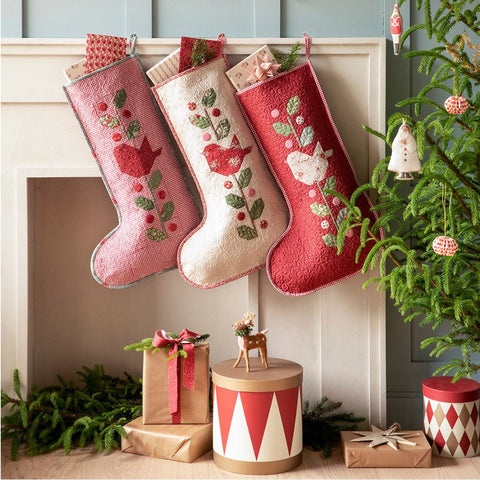 Winter Birds Christmas Stocking - Gingham Red (Pre-Order for Sept 1st Shipping)